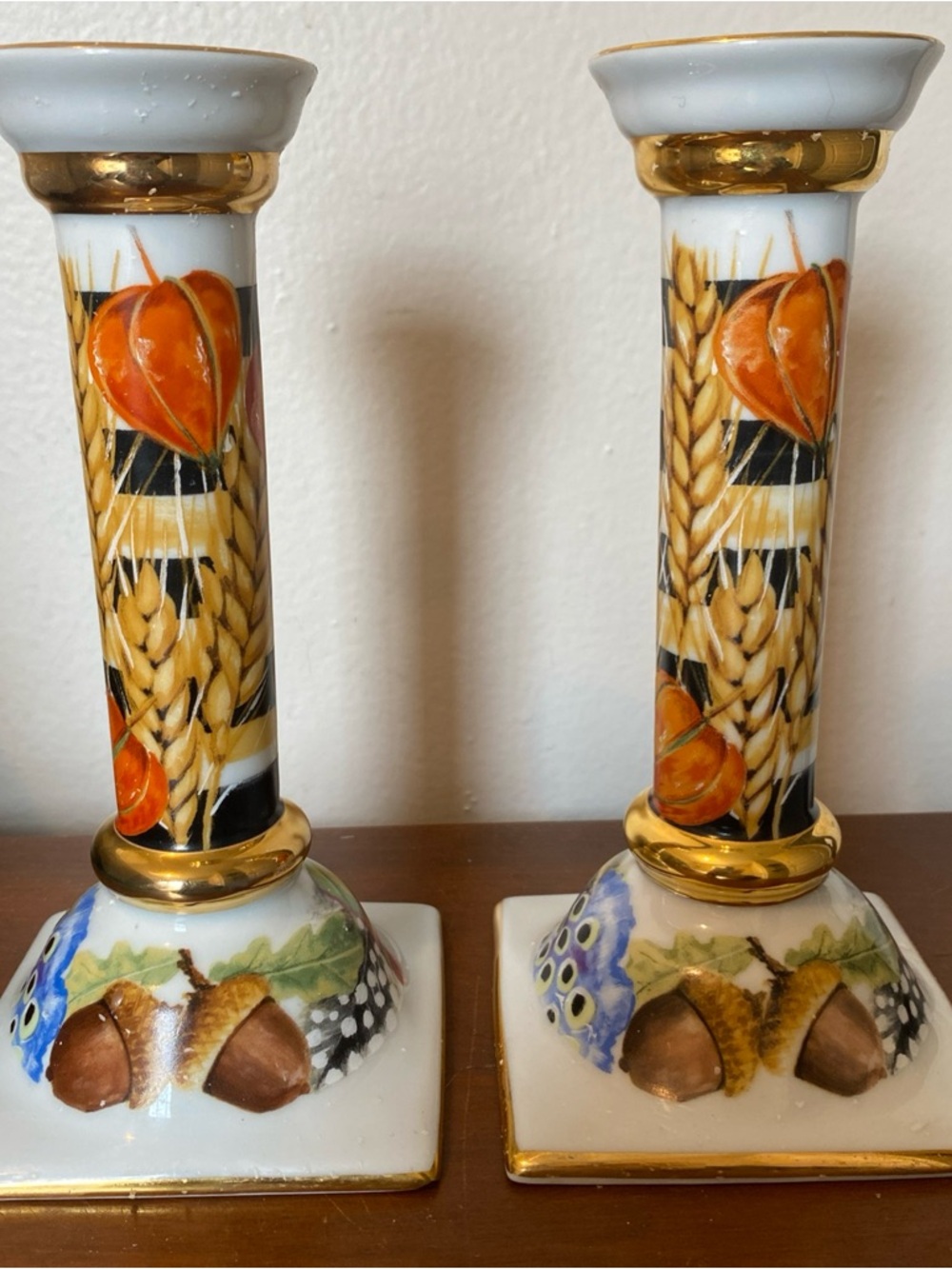 MacKenzie-Childs Gold, White, Black, Orange Harvest Candlestick Pair